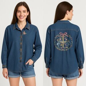 Vintage Bob Mackie Wearable Art Denim Embr May Pole Button Up Top Sz 2X